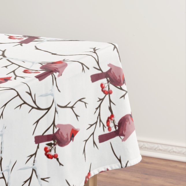 Cardinal Birds, Winter Cherries and Snow Pattern Tablecloth (In Situ)