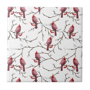Cardinal Birds, Winter Cherries and Snow Pattern Tile