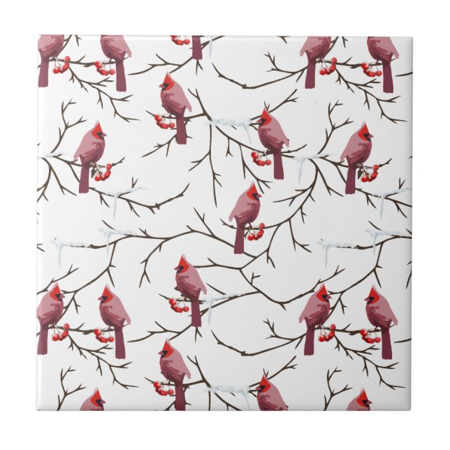 Cardinal Birds, Winter Cherries and Snow Pattern Tile (Front)