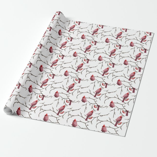 Cardinal Birds, Winter Cherries and Snow Pattern Wrapping Paper (Unrolled)