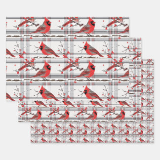 Cardinal Birds Winter Christmas Tartan Plaid 4 Wrapping Paper Sheet