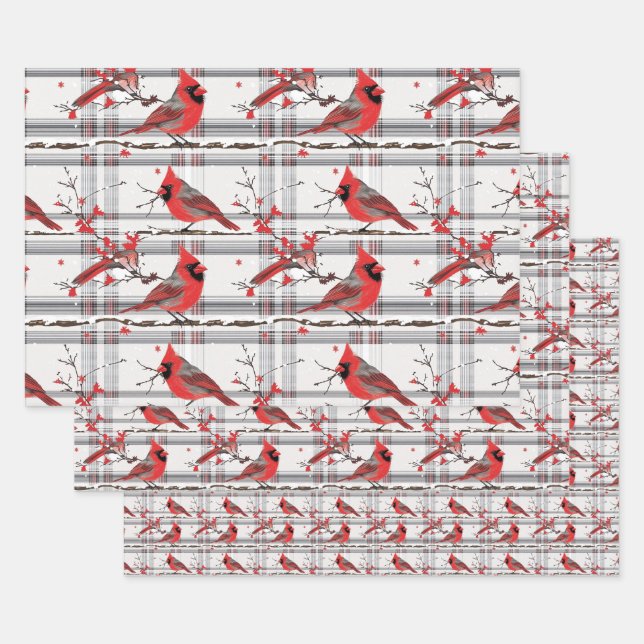 Cardinal Birds Winter Christmas Tartan Plaid 4 Wrapping Paper Sheet (Set)