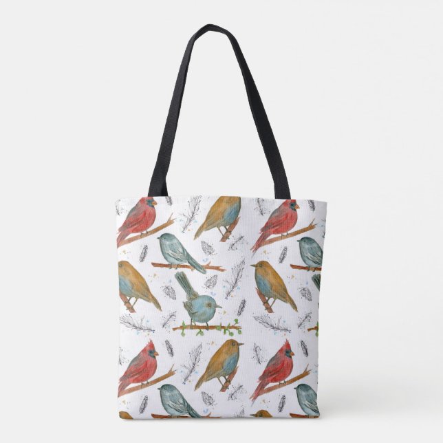 Cardinal Bluebird Chickadee Watercolor Birds Tote Bag (Back)