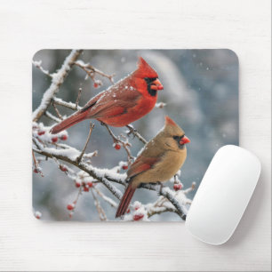 Cardinal Couple on Winter Tree Branch Mouse Mat