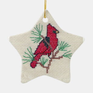 Cardinal Cross Stitch Ceramic Tree Decoration