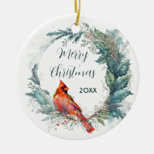 Cardinal Custom Dated Holly Greenery Wreath Frame Ceramic Tree Decoration
