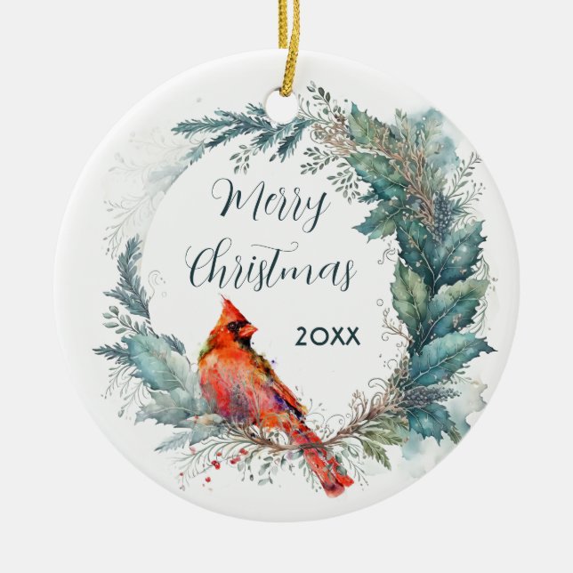 Cardinal Custom Dated Holly Greenery Wreath Frame Ceramic Tree Decoration (Front)