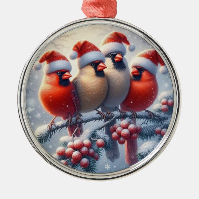 Cardinal Family Cute Christmas Gift Present Metal Tree Decoration (Front)