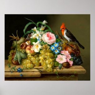 Cardinal, Fruit, and Flowers Still Life Poster