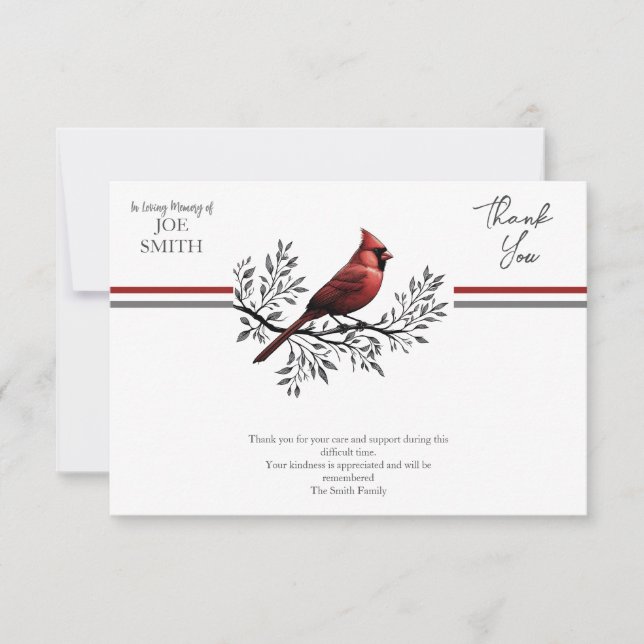 Cardinal Funeral Memorial Celebration of Life Thank You Card (Front)
