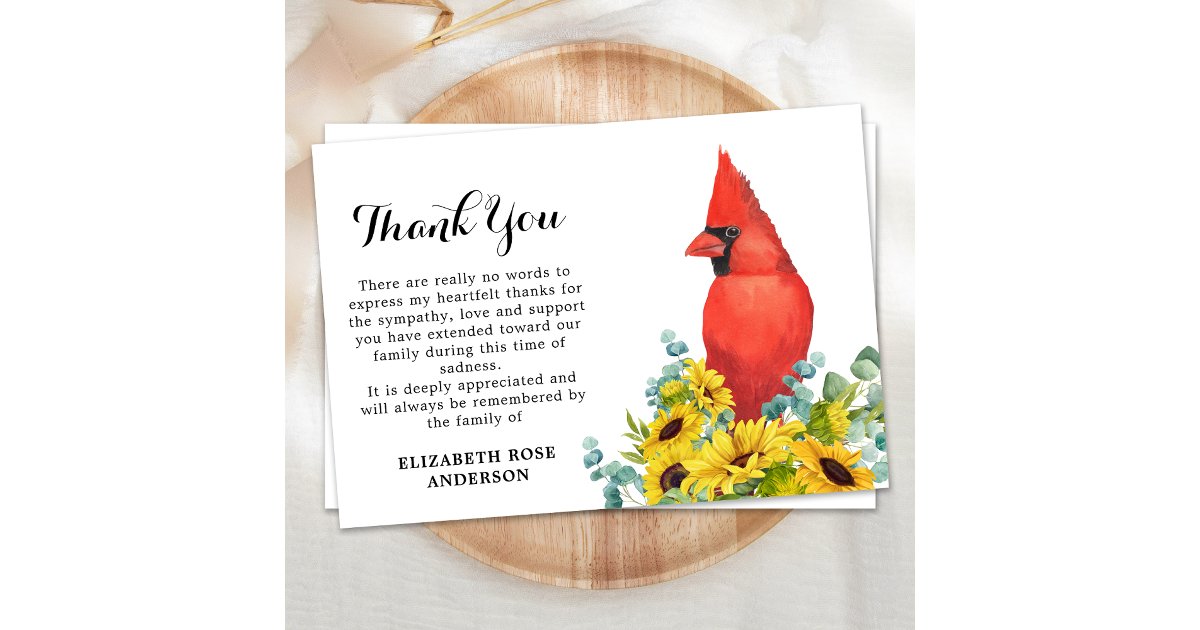 Cardinal Funeral Memorial Sunflowers Sympathy Thank You Card | Zazzle