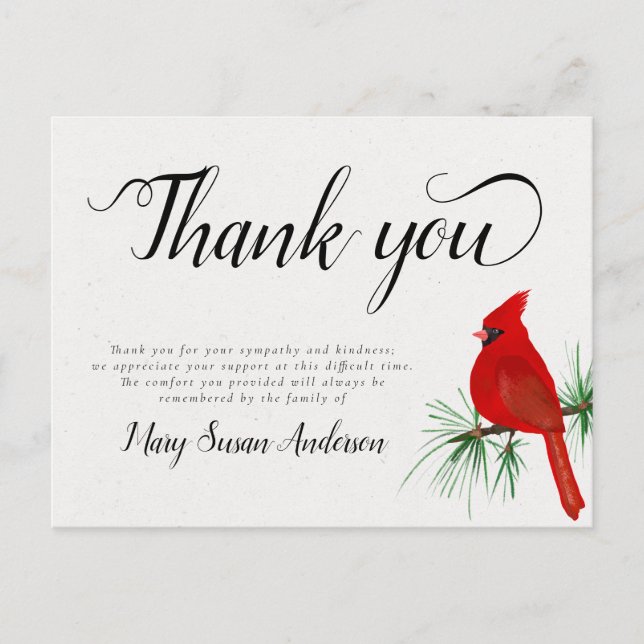 Cardinal Funeral Memorial Thank You Note Postcard (Front)