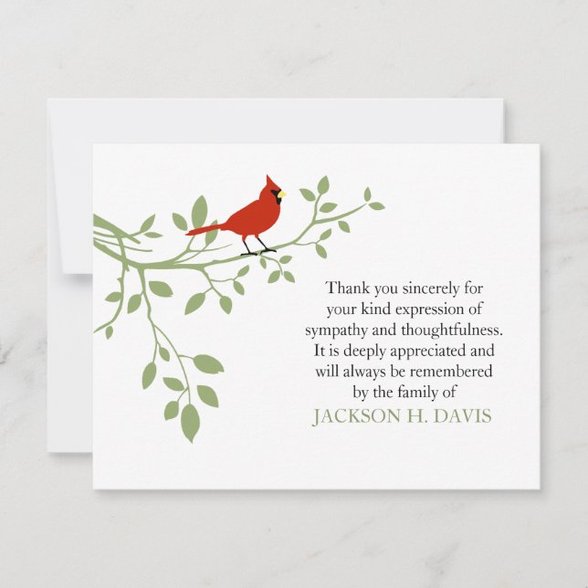 Cardinal Funeral Thank You Note Card Red Bird (Front)