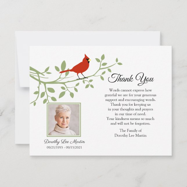 Cardinal Funeral Thank You Photo Note Card (Front)