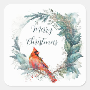Cardinal  Green Gold  Holly Greenery Wreath Frame Square Sticker