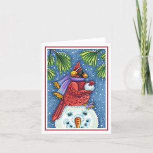 CARDINAL GUARDING SNOWMAN, CHRISTMAS REDBIRD Blank Card