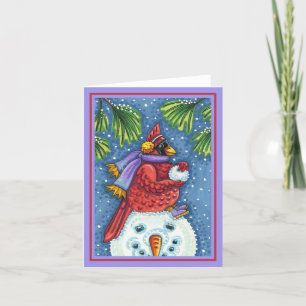 CARDINAL GUARDING SNOWMAN, CHRISTMAS REDBIRD Blank Card