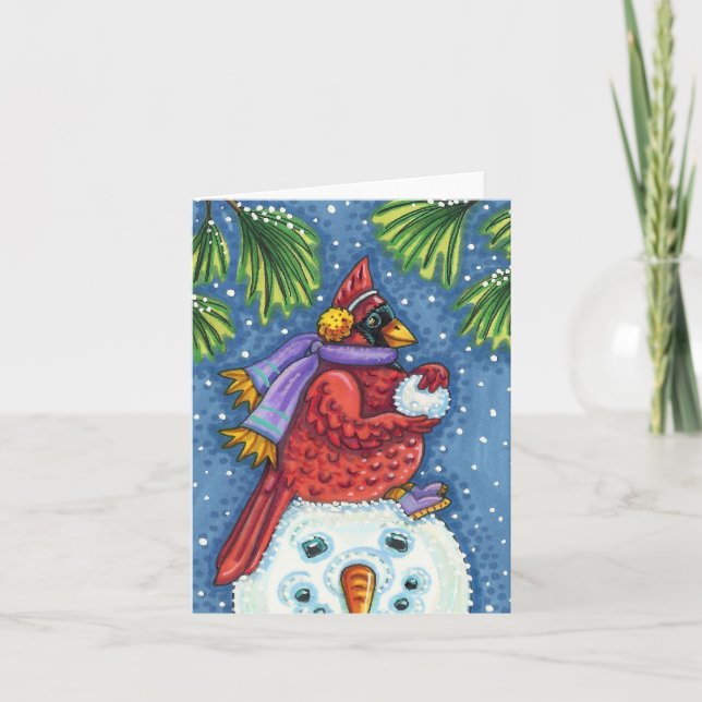 CARDINAL GUARDING SNOWMAN, CHRISTMAS REDBIRD Blank Card (Front)
