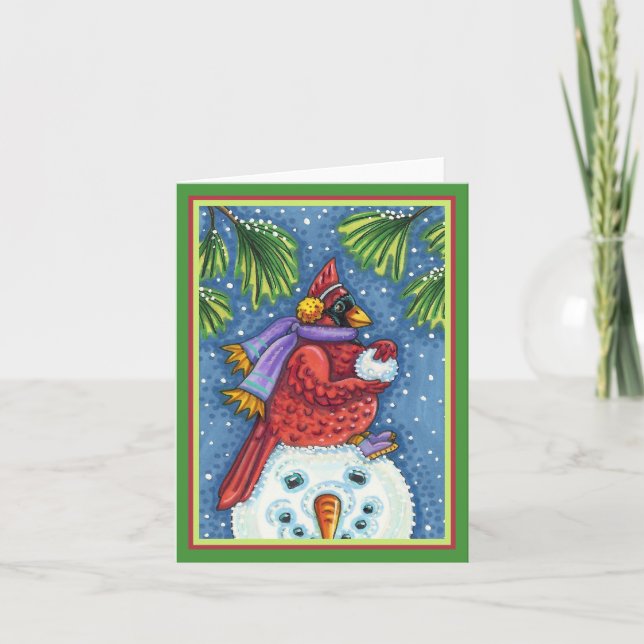 CARDINAL GUARDING SNOWMAN, CHRISTMAS REDBIRD Blank Card (Front)