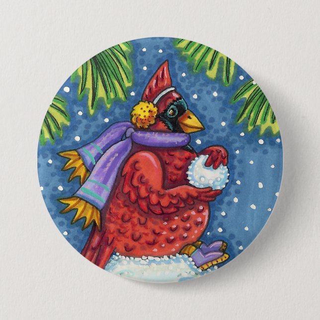 CARDINAL GUARDING SNOWMAN, CUTE CHRISTMAS REDBIRD 7.5 CM ROUND BADGE (Front)