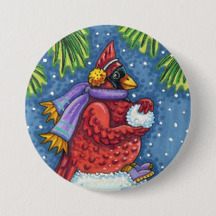CARDINAL GUARDING SNOWMAN, CUTE CHRISTMAS REDBIRD 7.5 CM ROUND BADGE