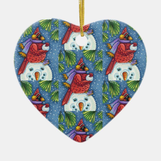 CARDINAL GUARDING SNOWMAN, CUTE CHRISTMAS REDBIRD CERAMIC TREE DECORATION (Front)