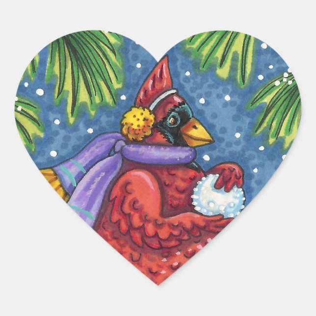 CARDINAL GUARDING SNOWMAN, CUTE CHRISTMAS REDBIRD HEART STICKER (Front)