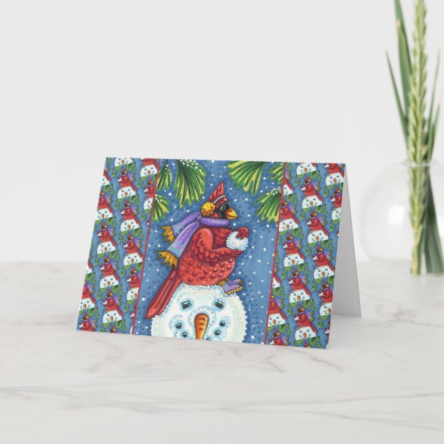 CARDINAL GUARDING SNOWMAN, CUTE CHRISTMAS REDBIRD HOLIDAY CARD (Front)