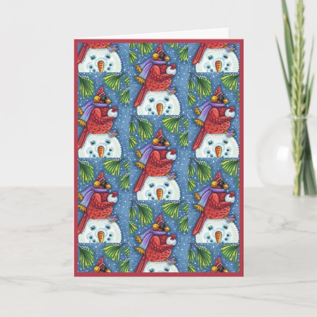 CARDINAL GUARDING SNOWMAN, CUTE CHRISTMAS REDBIRD HOLIDAY CARD (Front)