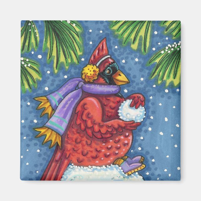 CARDINAL GUARDING SNOWMAN, CUTE CHRISTMAS REDBIRD MAGNET (Front)