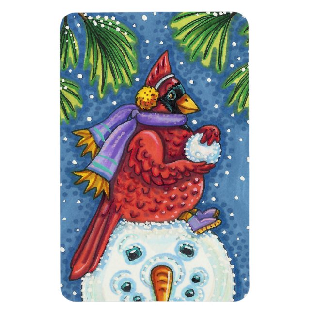 CARDINAL GUARDING SNOWMAN, CUTE CHRISTMAS REDBIRD MAGNET (Vertical)