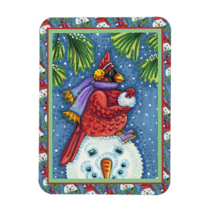CARDINAL GUARDING SNOWMAN, CUTE CHRISTMAS REDBIRD MAGNET