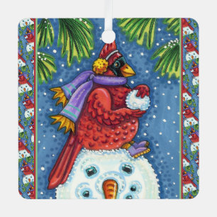CARDINAL GUARDING SNOWMAN, CUTE CHRISTMAS REDBIRD METAL TREE DECORATION