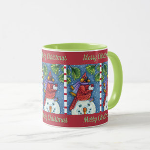 CARDINAL GUARDING SNOWMAN, CUTE CHRISTMAS REDBIRD MUG