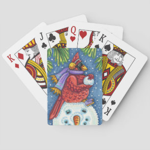 CARDINAL GUARDING SNOWMAN, CUTE CHRISTMAS REDBIRD PLAYING CARDS