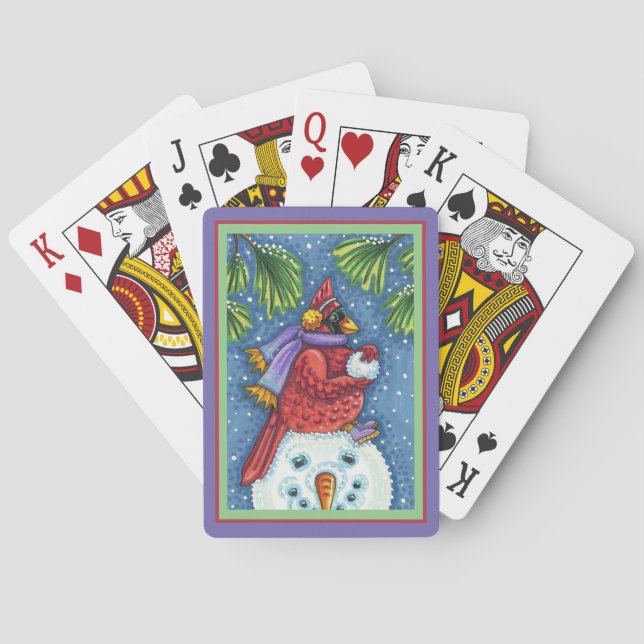 CARDINAL GUARDING SNOWMAN, CUTE CHRISTMAS REDBIRD PLAYING CARDS (Back)