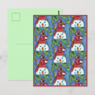 CARDINAL GUARDING SNOWMAN, CUTE CHRISTMAS REDBIRD POSTCARD