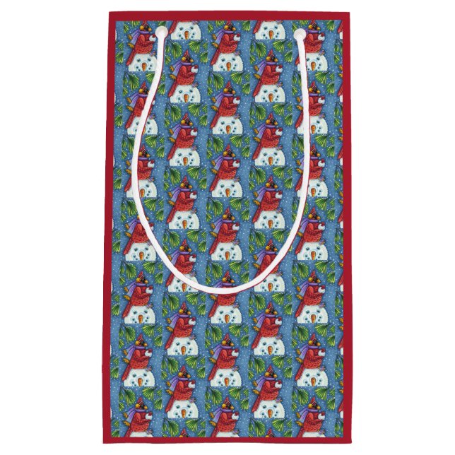 CARDINAL GUARDING SNOWMAN, CUTE CHRISTMAS REDBIRD SMALL GIFT BAG (Front)