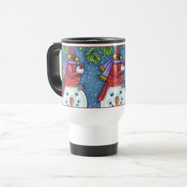 CARDINAL GUARDING SNOWMAN, CUTE CHRISTMAS REDBIRD TRAVEL MUG (Front Left)