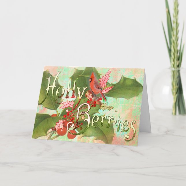 Cardinal & Holly Berries Custom Greeting Card (Front)