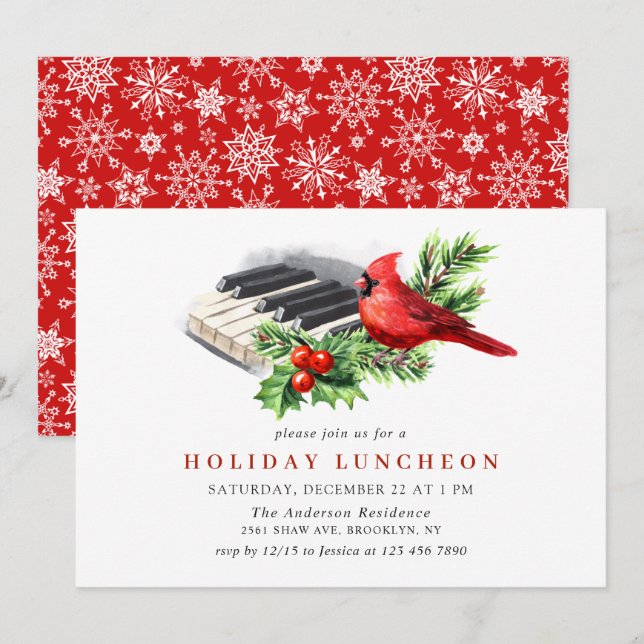 Cardinal Holly Berry Christmas HOLIDAY LUNCHEON Invitation (Front/Back)