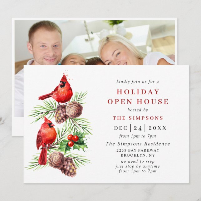 Cardinal Holly Berry Holiday Christmas Open House Invitation (Front/Back)