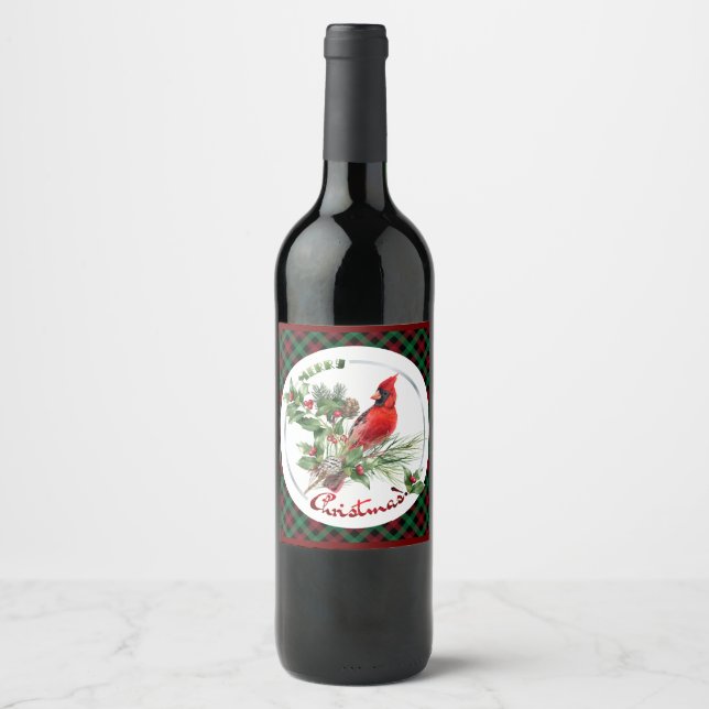 Cardinal, holly & pine needles usher in Christmas Wine Label (Front)