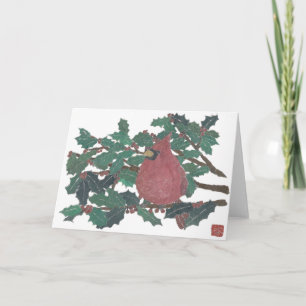 Cardinal, Holly Tree, Holiday Greeting Card