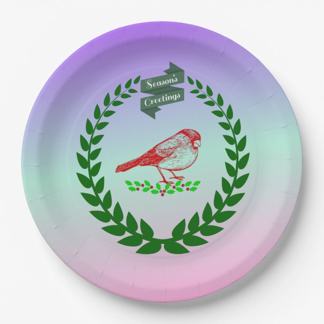 Cardinal Holly Wreath Seasons Gradient Glow Paper Plate (Front)
