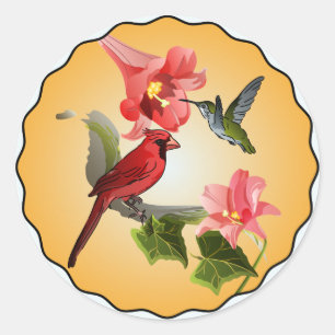 Cardinal & Hummingbird with Pink Lilies Round Classic Round Sticker