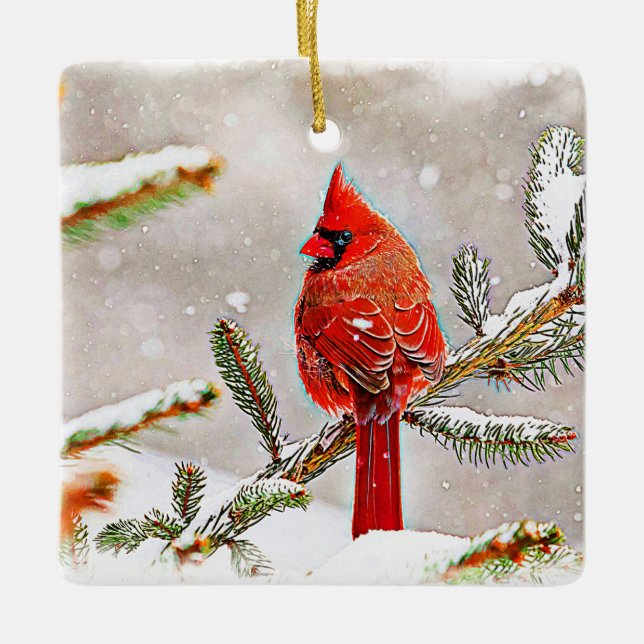 Cardinal in a pine tree in winter ceramic ornament (Front)