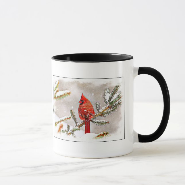 Cardinal in a pine tree in winter mug (Right)