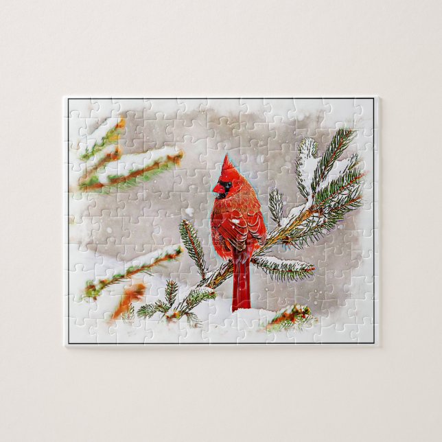 Cardinal in a pine tree jigsaw puzzle (Horizontal)