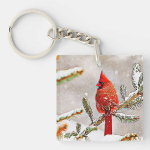 Cardinal in a pine tree key ring